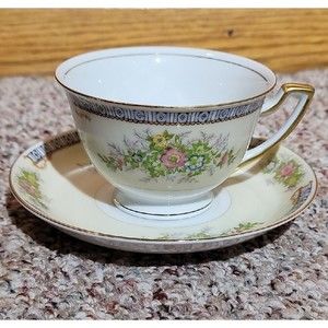 Vintage Cecil Meito China Teacup and Saucer Set Floral Cottage Style Handpainted